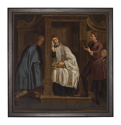 Drie gescheiden taferelen voorstellende sacramenten van biecht, eucharistie en laatste zalving, 1750, 