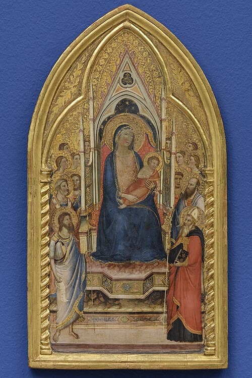Tronende Madonna en kind met heiligen en engelen, 1340, 