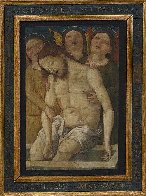 De dode Christus door treurende engelen ondersteund, 1487, 