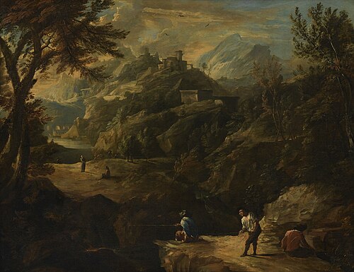 Mountain landscape with castle ruin and fishers, 1644, 