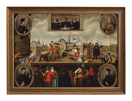 Terechtstelling der beklaagden inzake het Verraad van Maastricht in 1638. La traison de Maestricht, 1750, 