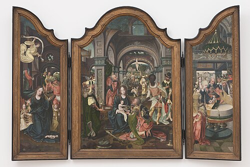 Drieluik met Aanbidding van het Kind; Aanbidding der koningen en Presentatie in de tempel, 1520, 