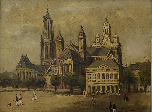 Gezicht op Sint-Servaaskerk en Sint-Jan vanaf het Vrijthof, 1850, 