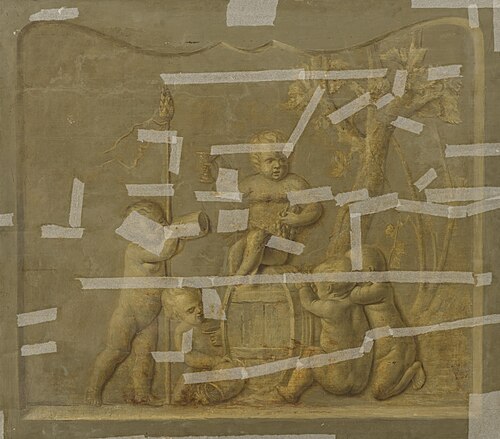 Wandversiering waarop vijf Cupido's met druiven bij wijnton, 1750, 