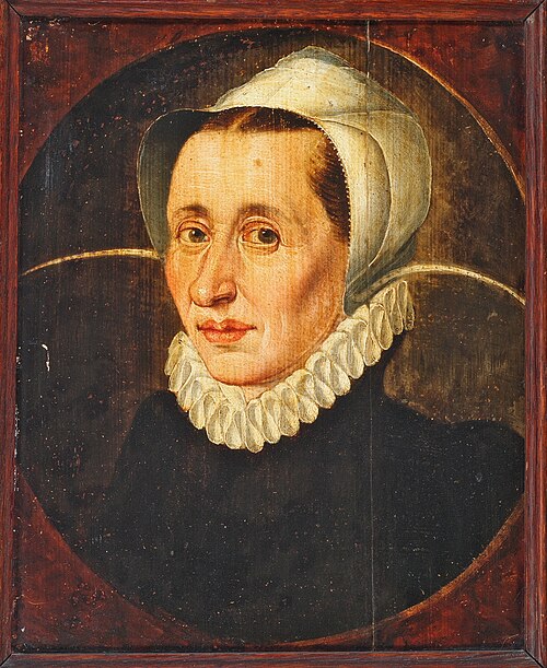 Portret van een begiftigster van het Weeshuis., 1575, 