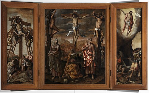 De Kruisiging, de Kruisafneming en Verrijzenis van Christus (drieluik)., 1574, 