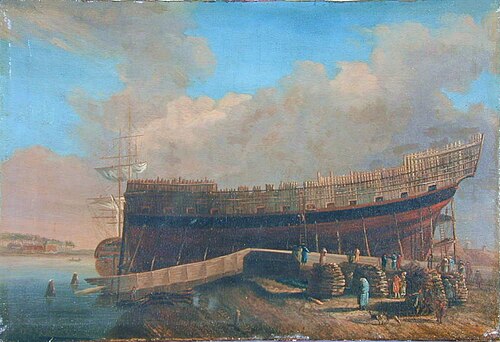 Het oorlogsschip Hercules op stapel op de werf van J. Spaan te Dordrecht, 1782, 