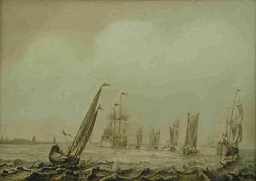 Het slepen van een oorlogsschip door Marker waterschepen over de Zuiderzee, 1650, 
