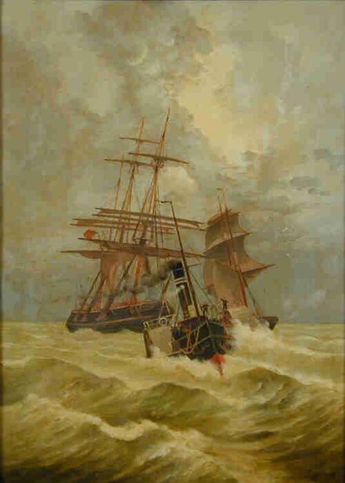 Een Engelse koopvaardijbark gesleept door een radersleepboot, 1875, 