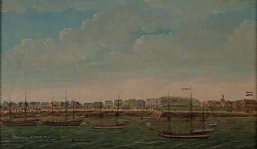 Het fregat Vertrouwen voor anker op de rede van Paramaribo, 1800, 