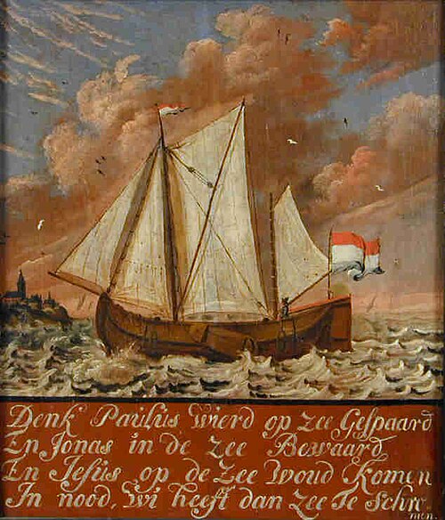 Beschilderd paneel met afbeelding van een binnenschip bij een kust, 1800, 