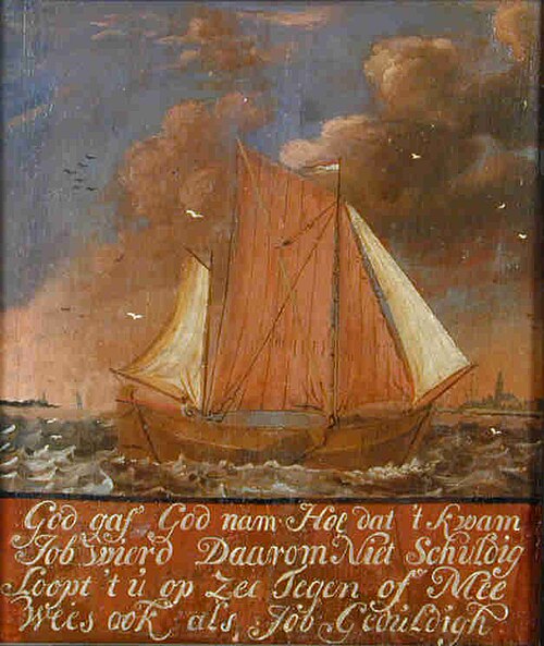Beschilderd paneel met afbeelding van een binnenschip bij een kust, 1800, 