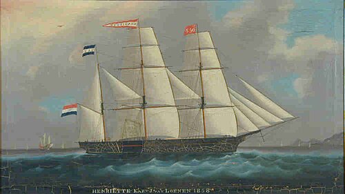 Het barkschip Henriette zeilend op een Oost-Aziatische rede, 1858, 
