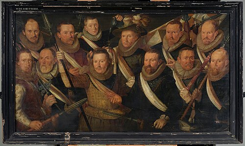 Officieren en een vaandeldrager van de Oude Schutterij met kasteleinsjongen, 1610, 