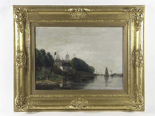 Gezicht op Deventer met torens van Bergkerk en Lebuinus en op de IJssel een stoomboot en zeilboot, 1874, 