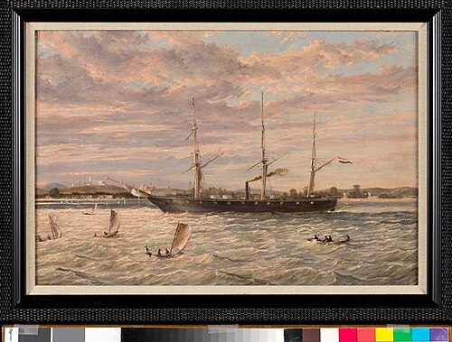 Het schroefstoomschip 'Metalen Kruis' ter hoogte van het fort Elmina, 1868, 