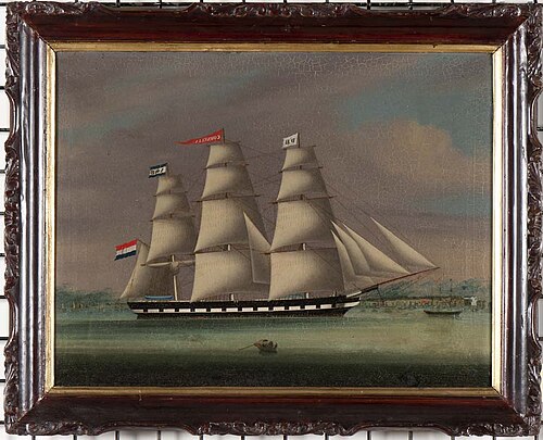Het fregatschip 'Cornelia' van rederij P. de Boer uit Rotterdam, varend voor een oosterse kust, moge, 1861, 