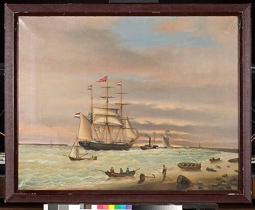 De bark 'Nereus', onder gezag van kapitein Johannes Schrier, gesleept door een radersleepboot tussen, 1881, 