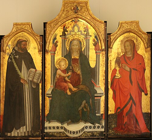 La Vierge et l'Enfant (au-dessu, dans un quadrilobe : Dieu le Père), saint Dominique, sainte Madelei, 1425, 