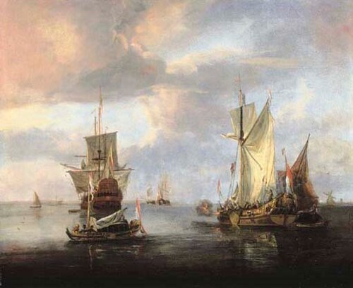 Shipping off the coast in calm waters, 1674, 