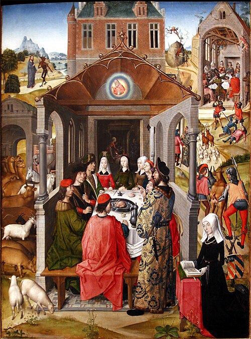 Job and his family in former wealth at a meal, surrounded by other scenes from his story (Job)  with, 1485, 