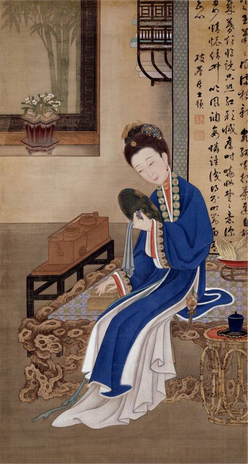 雍亲王题书堂深居图屏·裘装对镜轴, , 