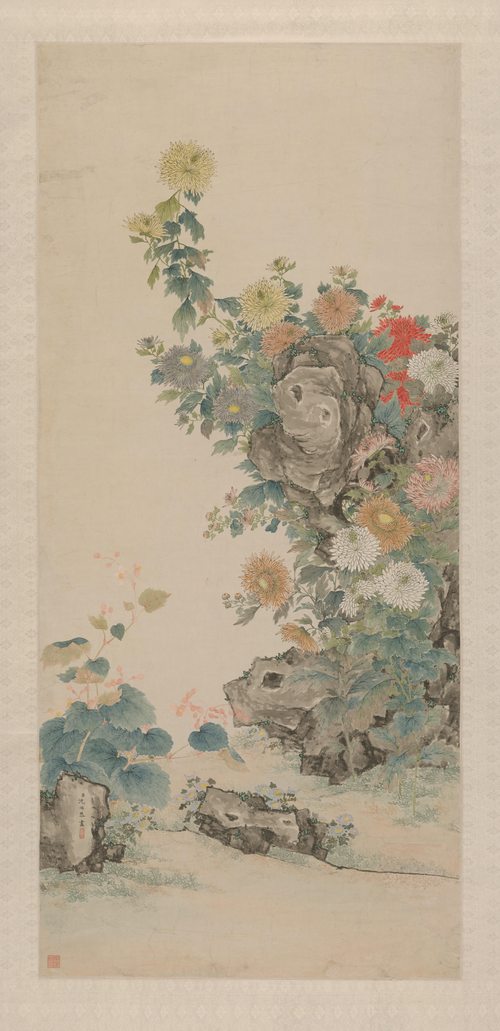 沈焕菊石海棠图轴, , 