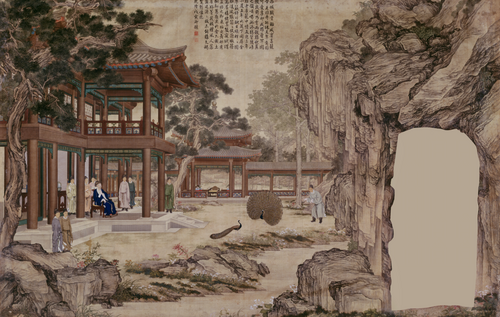 乾隆观孔雀开屏贴落, , 