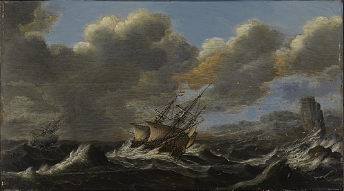 Skeppsbrott. Två holländska krigsskepp seglar i storm utanför en klippig kust., 1650, 
