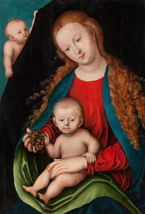 The Virgin and Child with Grapes in front of a Curtain Held by an Angel, 1537, 