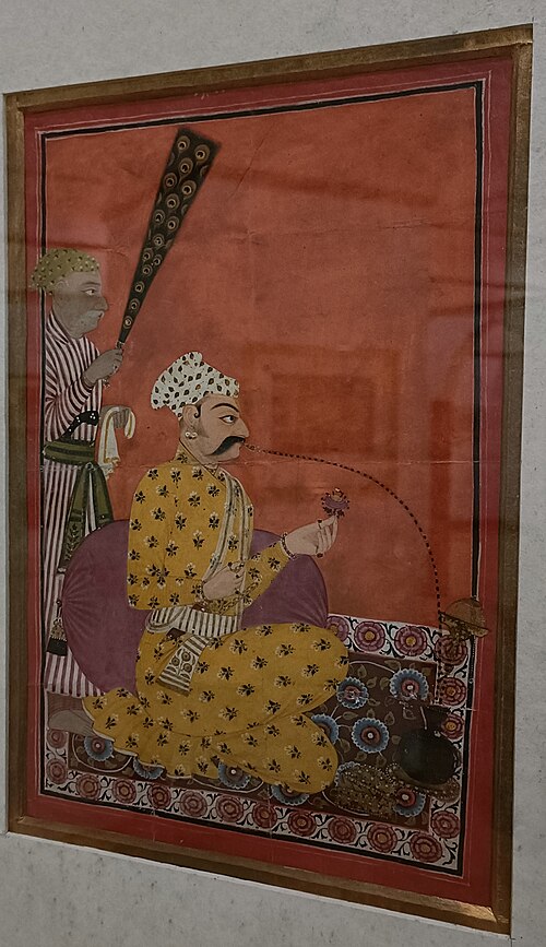 Raja Man Singh (1635-61) of Guler smoking huqqa, 1750, 