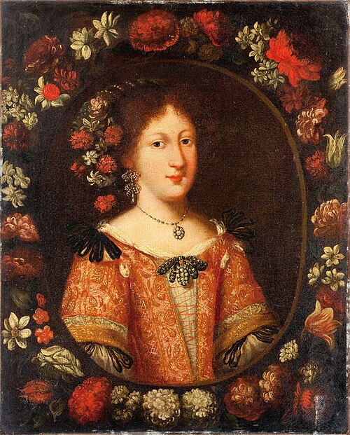 Portrait de femme entourée d'une couronne de fleurs, 1675, 