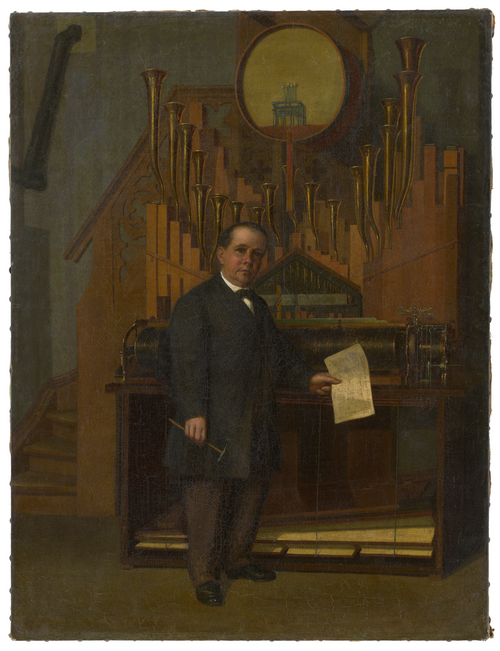 Michael Welte vor einem Orchestrion in seiner Werkstatt in Vöhrenbach, 1867, 