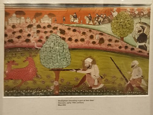 Shahjahan and group of men shooting at two deer - Deccan Painting - Early 19th Century, 19, 