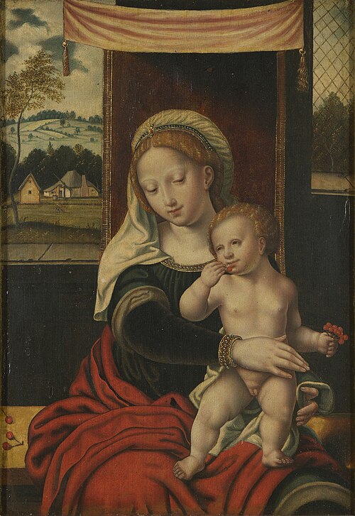 Paneelschildering "Madonna met kind" op hout door Zuid-Nederlandse schilder, navolger van Joos van C, 1550, 