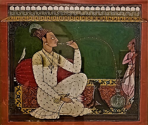 Raja Mednipal of Basohli smoking huqqa., 1730, 