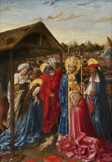 The Nativity with Saint Sixtus (?), Saint Jerome and a Cardinal, 1445, 