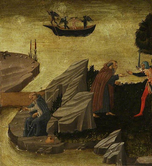 Scenes from the Lives of the Hermits: Abba Paphnutius Forced to Drink Wine; and Other Incidents (fra, 1445, 