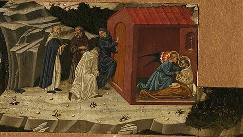 Scenes from the Lives of the Hermits: A Sainted Hermit on His Death-Bed Attended by an Angel (fragme, 1445, 