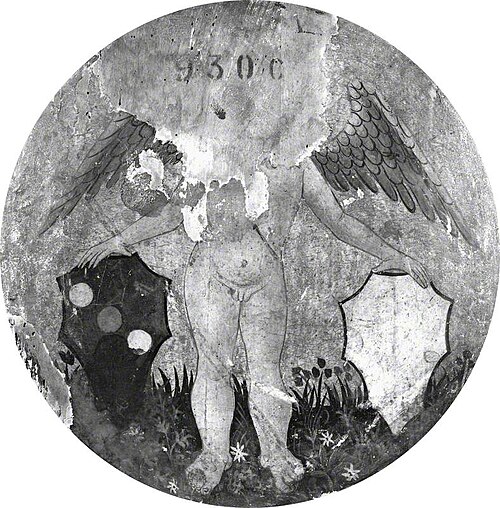 Putto Holding Two Shields of Arms (birth tray, back), 1462, 