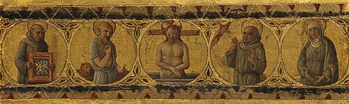 Predella Panel – Dead Christ with Saints Bernardino, Jerome, Francis and Clare, 1500, 
