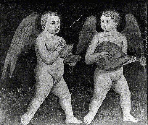 Two Putti Playing Musical Instruments (cassone, side panel), 1462, 