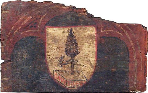 A Shield Bearing a Hand Holding the Branch of a Tree (fragment of a panel from a painted ceiling), 1470, 