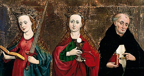 Saint Catherine of Alexandria, Saint Barbara, and Saint Anthony Abbot (wing of an altarpiece, recto), 1500, 