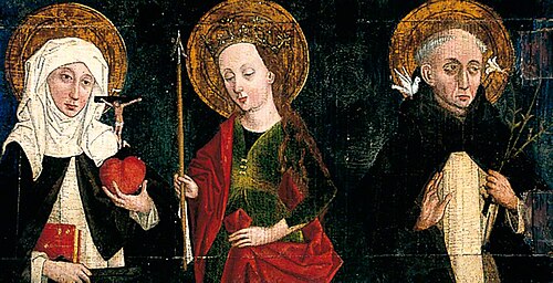 Saint Catherine of Siena, Saint Ursula, and Saint Dominic (wing of an altarpiece, verso), 1500, 