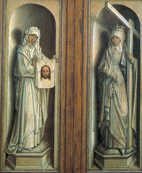 Saint Veronica (left wing), Saint Helena (right wing) (verso), 1470, 