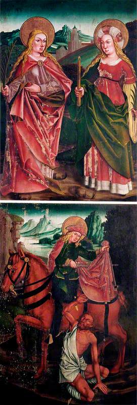 A Virgin Martyr and (possibly) Saint Beatrice (top panel); Saint Martin Dividing His Cloak (bottom p, 1505, 
