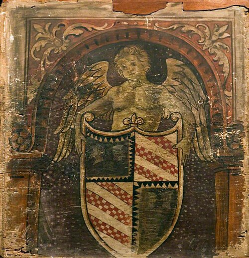 A Cupid with a Coat of Arms (one of 29 painted panels from a frieze), 1500, 