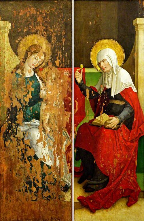 The Boppard Altarpiece: The Virgin and Christ Child (left panel); Saint Anne Offering a Pear (right , 1515, 