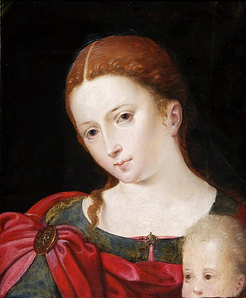Head and Shoulders of a Girl in Red Cloak over Blue Dress, 1550, 
